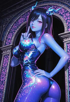 Neon Dragon Maiden in Floral Archway