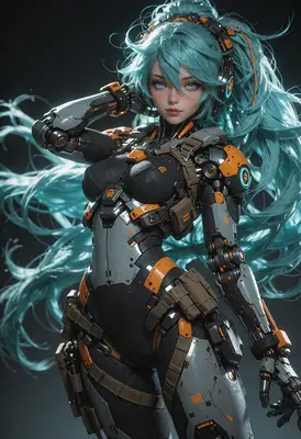 Cybernetic Soldier with Flowing Teal Hair