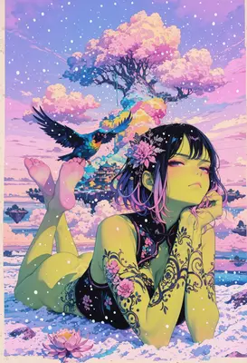 Serene Dreamscape with Floral Tattooed Maiden