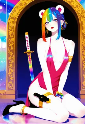 Rainbow Haired Warrior in Gold Archway