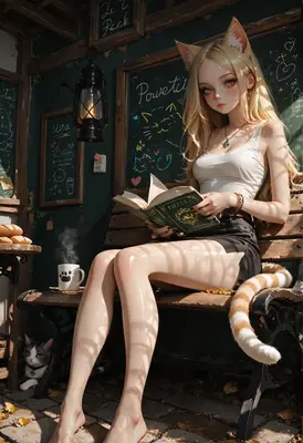 Cat Girl Reading in Cozy Cafe