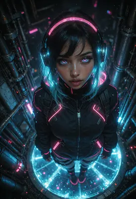 Neon Cyberpunk Girl in Industrial Corridor