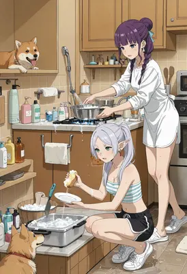 Anime Girls Washing Dishes Together
