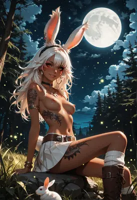 Moonlit Rabbit Girl in Forest
