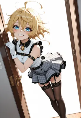 Playful Blonde Maid at the Door