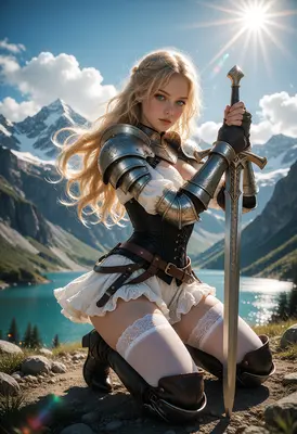 Blonde Knight Kneeling by the Lake
