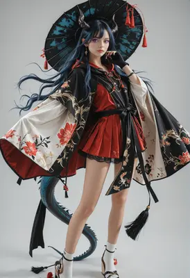 Elegant Dragon Maiden with Traditional Parasol