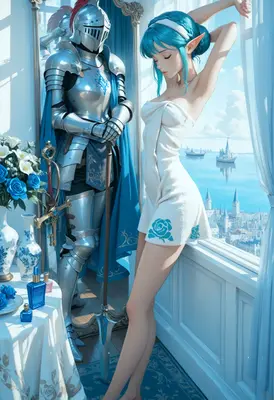 Elf Maiden Beside The Knight Armor