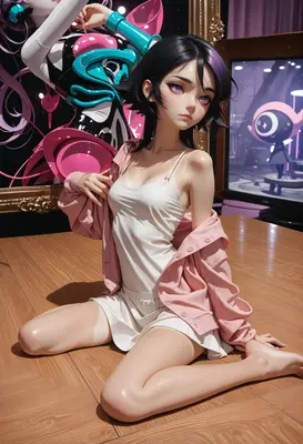 Girl Resting Beside Surreal Art Piece