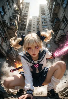 Warrior Schoolgirl Amidst Urban Ruins