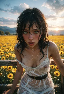 Wet Summer Sunset in Sunflower Field