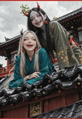 Playful Oni Sisters on Temple Roof