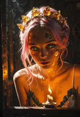 Ethereal Girl with Golden Candlelight