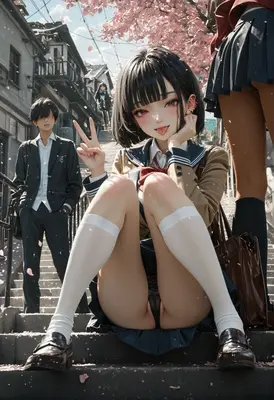 Playful Schoolgirl Sitting on Cherry Steps
