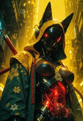 Cybernetic Kitsune in Neon Rain