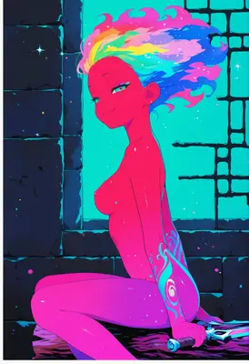 Neon Goddess with Cosmic Flowing Hair
