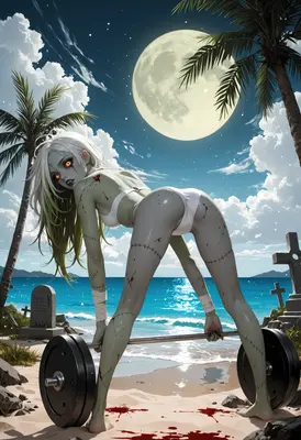 Zombie Girl Weightlifting on the Beach