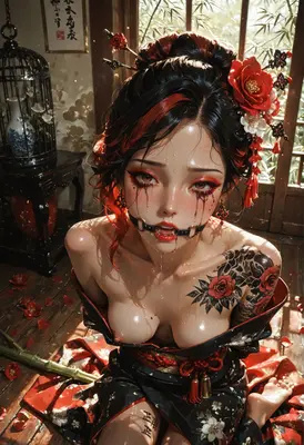 Sorrowful Geisha in Floral Enclosure