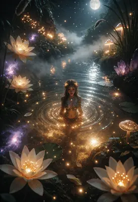 Enchanted Elf in Glowing Moonlight Pond