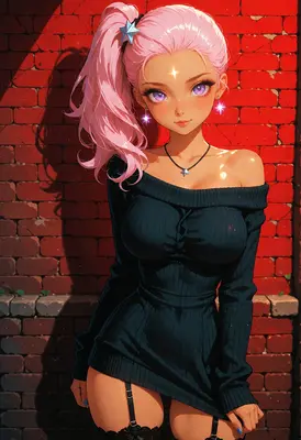Pink Haired Girl Against Brick Wall