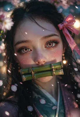 Nezuko Kamado Amidst Falling Cherry Blossoms