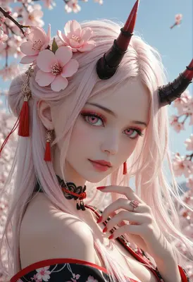Pink Haired Oni Amidst Cherry Blossoms