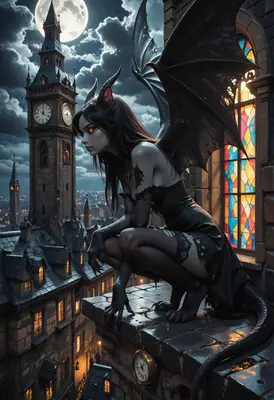 Gothic Gargoyle Perched Over Cityscape