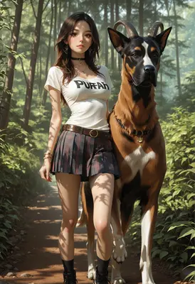 Girl Walking With Her Horned Beast