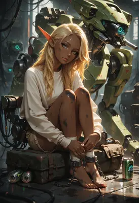 Elf Mechanic Beside Her Guarded Mech
