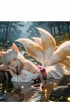 Serene Kitsune Resting in Forest Stream