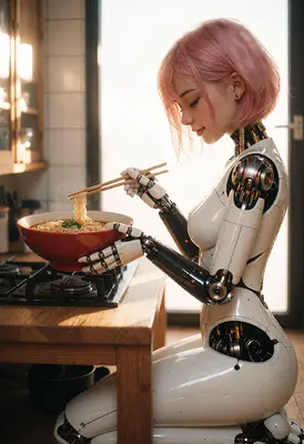 Android Enjoying A Warm Ramen Bowl