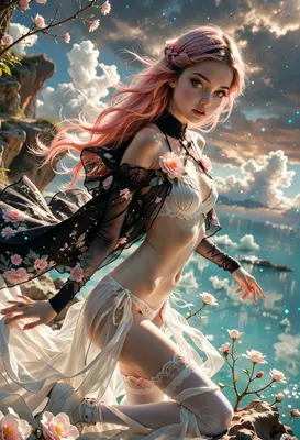 Ethereal Maiden Amidst Floral Cliffs