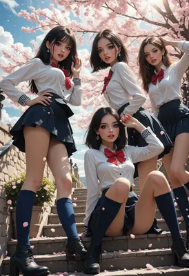 Schoolgirls Under Blooming Cherry Blossom Trees