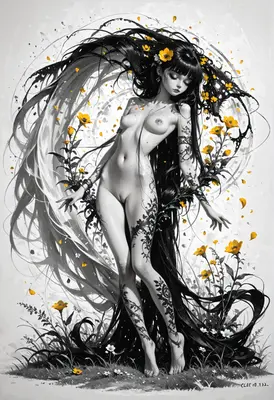 Ethereal Nymph Amidst Ink and Blossoms