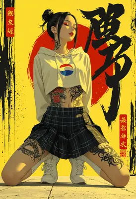 Tattooed Urban Girl with Japanese Calligraphy