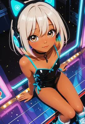 Neon Gamer Girl with Cat Headphones
