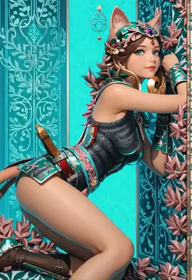 Elegant Cat-Eared Warrior in Floral Armor