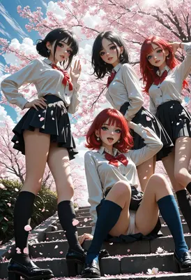 Schoolgirls Under Blooming Cherry Blossoms