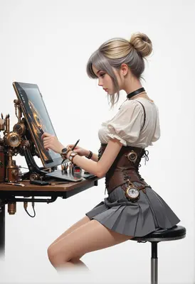 Steampunk Artist Working at Her Desk