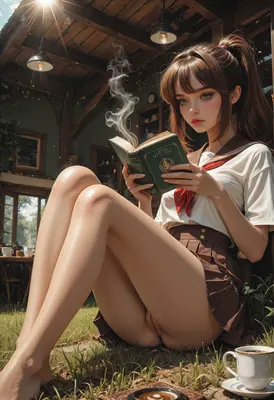 Student Reading in a Garden Cafe