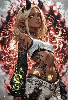 Fiery Demon Girl with Rose Tattoos