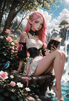 Elf Maiden Reading Beside The Waterfall