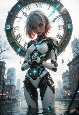 Android Standing Before Eternal Clock