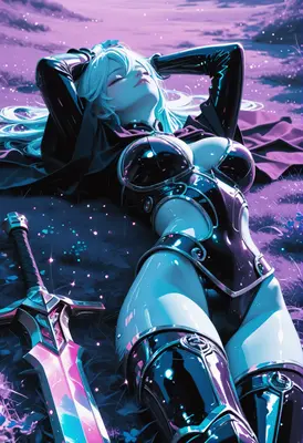 Serene Warrior Resting in Neon Grass