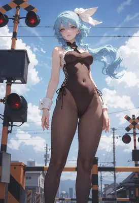 Blue Haired Girl at Railway Crossing