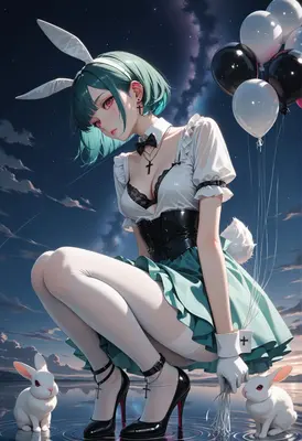 Midnight Bunny Girl with Celestial Balloons