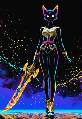 Neon Feline Warrior with Cosmic Blade