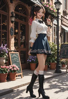 Cheerful Girl in Front of Cafe
