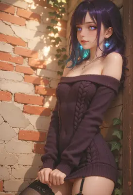 Purple Haired Beauty in Knit Sweater