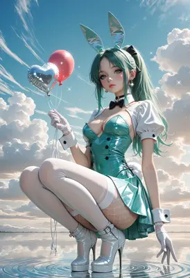Mint Bunny Girl With Floating Balloons